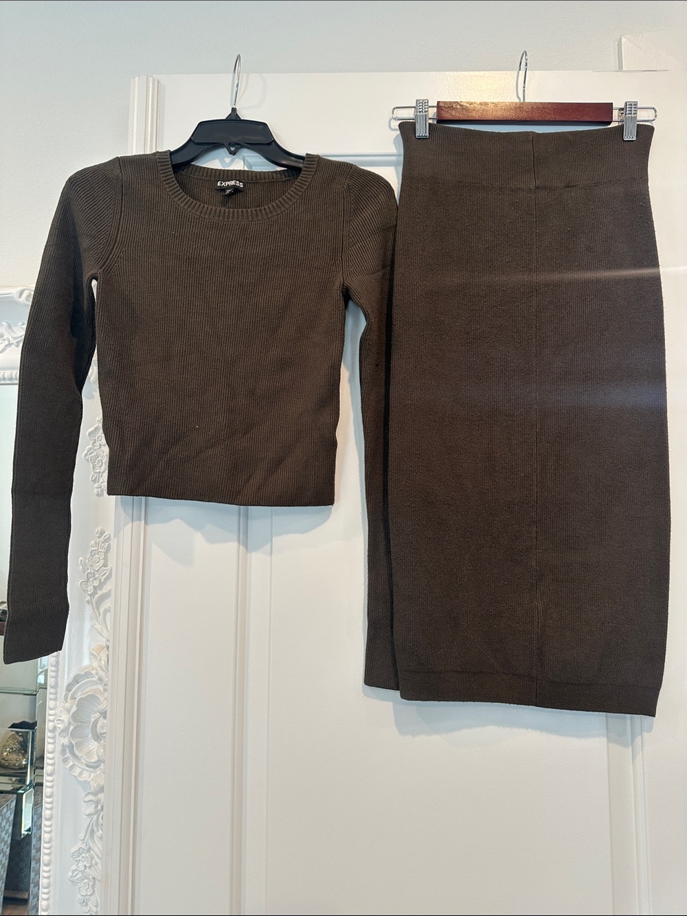 Express Olive Ribbed Knit Pencil Skirt and Top matching set